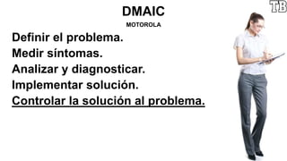 DMAIC
MOTOROLA
Definir el problema.
Medir síntomas.
Analizar y diagnosticar.
Implementar solución.
Controlar la solución al problema.
 