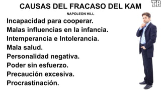 CAUSAS DEL FRACASO DEL KAM
NAPOLEON HILL
Incapacidad para cooperar.
Malas influencias en la infancia.
Intemperancia e Intolerancia.
Mala salud.
Personalidad negativa.
Poder sin esfuerzo.
Precaución excesiva.
Procrastinación.
 