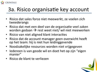 •  Risico	
  dat	
  sales	
  force	
  niet	
  meewerkt,	
  ze	
  voelen	
  zich	
  
tweederangs	
  
•  Risico	
  dat	
  met	
  een	
  deel	
  van	
  de	
  organisaAe	
  veel	
  zaken	
  
worden	
  gedaan	
  à	
  rest	
  weet	
  niet/	
  wil	
  niet	
  meewerken	
  
•  Risico	
  van	
  niet	
  aligned	
  klant	
  interacAes	
  
•  Risico	
  dat	
  de	
  account	
  manager	
  geen	
  overwicht	
  heeg	
  
op	
  het	
  team:	
  hij	
  is	
  niet	
  hun	
  leidinggevende	
  
•  Noodzakelijke	
  resources	
  worden	
  niet	
  vrijgegeven	
  
•  Iedereen	
  is	
  van	
  geode	
  wil	
  en	
  doet	
  het	
  op	
  zijn	
  “eigen	
  
manier”	
  
•  Risico	
  de	
  klant	
  te	
  verliezen	
  
3a.	
  Risico	
  organisaAe	
  key	
  account	
  
 