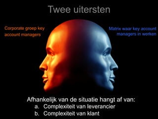 Afhankelijk van de situatie hangt af van:
a.  Complexiteit van leverancier
b.  Complexiteit van klant
Twee uitersten
Corporate groep key
account managers
Matrix waar key account
managers in werken
 