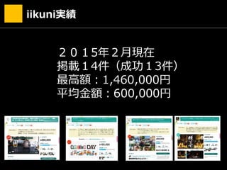 iikuni実績
２０１5年２月現在
掲載１4件（成功１3件）
最高額：1,460,000円
平均金額：600,000円
 