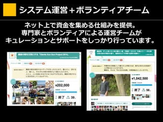 ネット上で資金を集める仕組みを提供。
専門家とボランティアによる運営チームが
キュレーションとサポートをしっかり行っています。
システム運営＋ボランティアチーム
 
