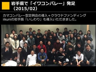 岩手県で「イワコンバレー」発足
（2015/02）
カマコンバレー型定例会の導入＋クラウドファンディング
iikuniの岩手版「いしわり」も導入いただきました。
 
