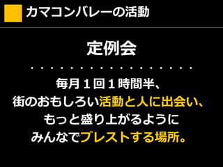 カマコンバレーの活動
定例会
・・・・・・・・・・・・・・・・・
毎月１回１時間半、
街のおもしろい活動と人に出会い、
もっと盛り上がるように
みんなでブレストする場所。
 