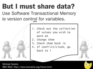 But I must share data?
Use Software Transactional Memory
ie version control for variables.
                         1. Check out the collection
                            of values you wish to
                            work on
                         2. Change them
                         3. Check them back in
                         4. If conflict/clash, go
                            back to 1



Michael Sparks
BBC R&D, http://www.kamaelia.org/Home.html
 