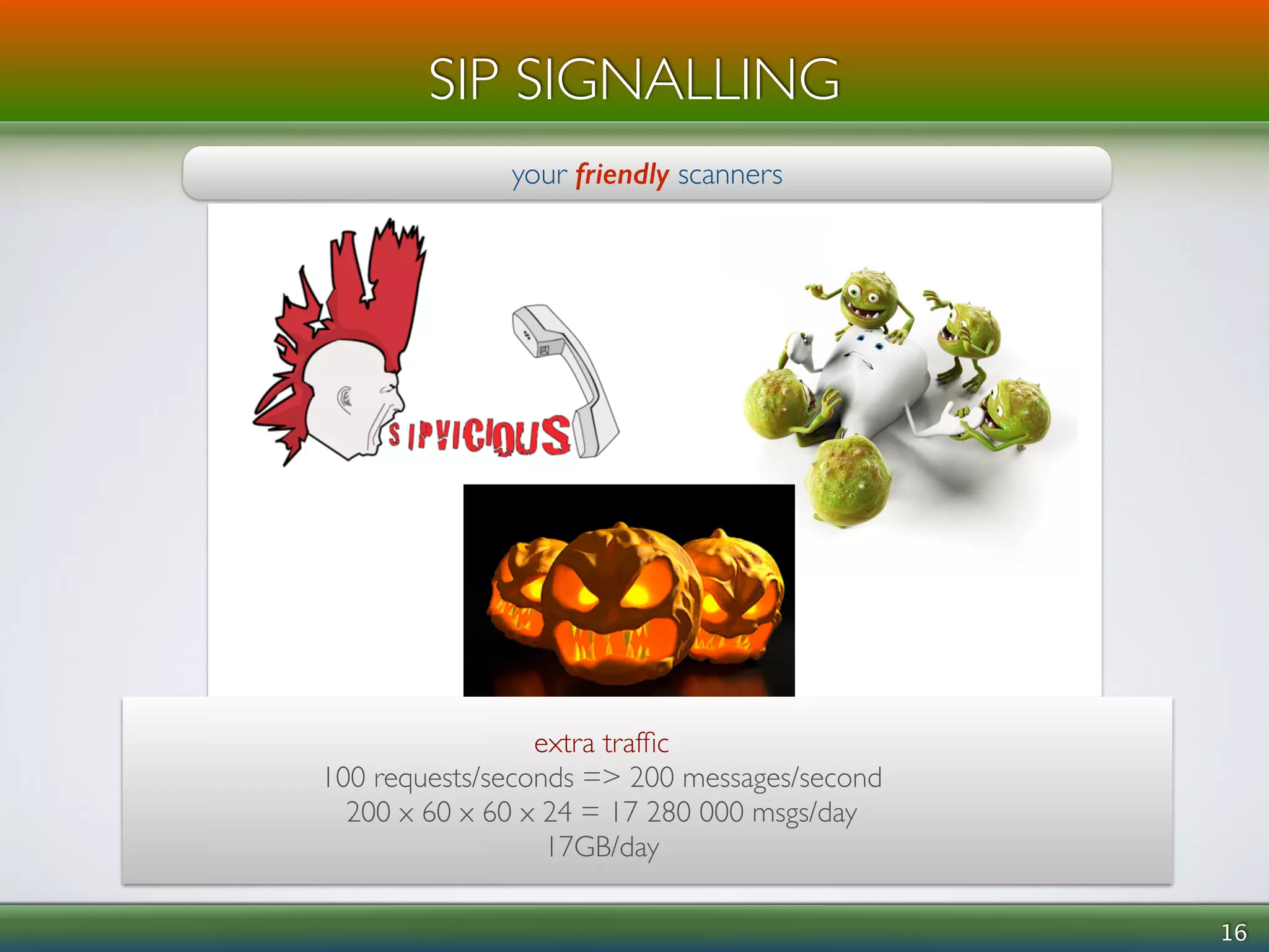 16 
SIP SIGNALLING 
your friendly scanners 
extra traffic 
100 requests/seconds => 200 messages/second 
200 x 60 x 60 x 24 = 17 280 000 msgs/day 
17GB/day 
 