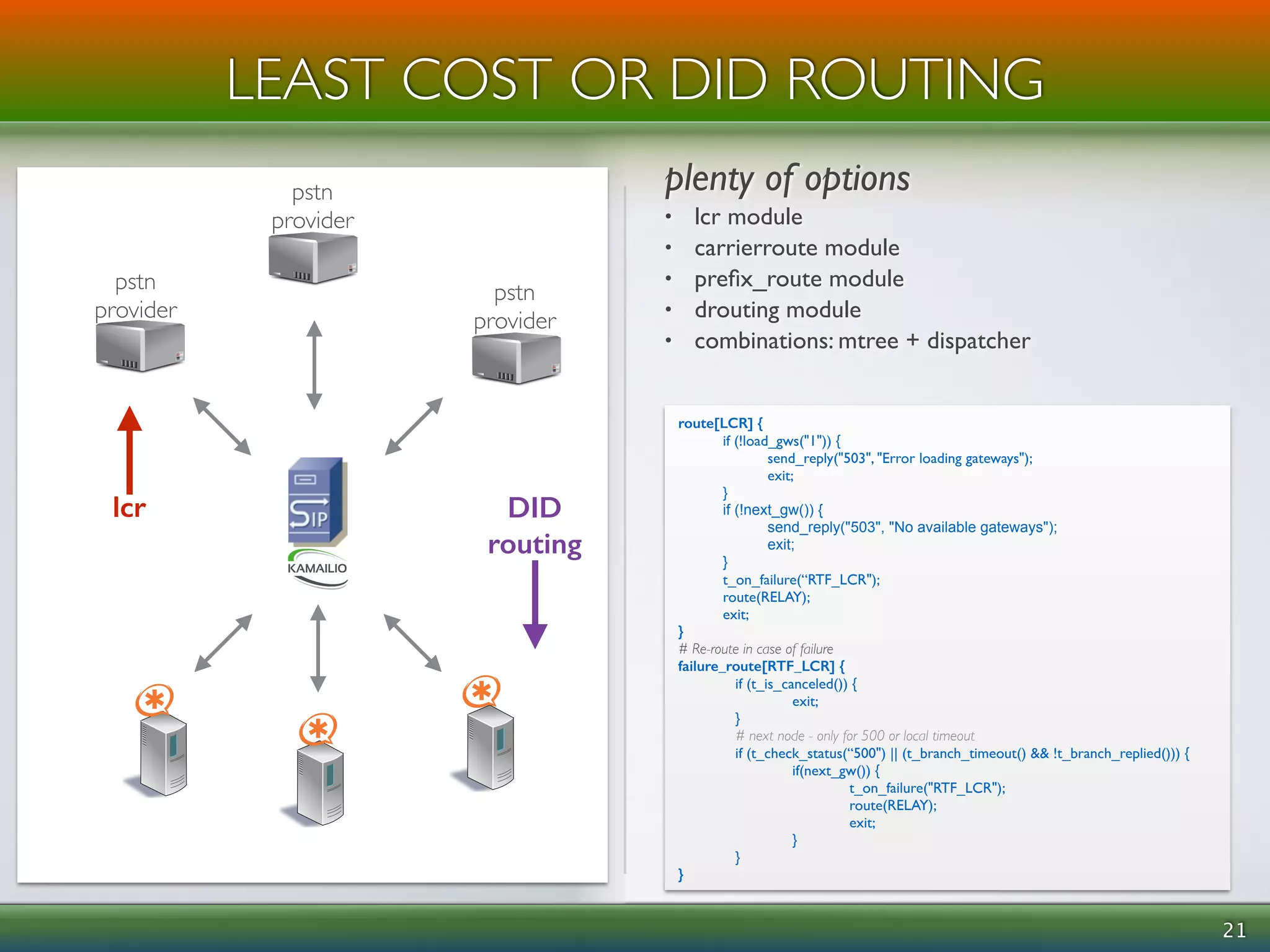 ! 
LEAST COST OR DID ROUTING 
plenty of options 
• lcr module 
• carrierroute module 
• prefix_route module 
• drouting module 
• combinations: mtree + dispatcher 
21 
route[LCR] { 
if (!load_gws("1")) { 
send_reply("503", "Error loading gateways"); 
exit; 
} 
if (!next_gw()) { 
send_reply("503", "No available gateways"); 
exit; 
} 
t_on_failure(“RTF_LCR"); 
route(RELAY); 
exit; 
} 
# Re-route in case of failure 
failure_route[RTF_LCR] { 
if (t_is_canceled()) { 
exit; 
} 
# next node - only for 500 or local timeout 
if (t_check_status(“500") || (t_branch_timeout() && !t_branch_replied())) { 
if(next_gw()) { 
t_on_failure("RTF_LCR"); 
route(RELAY); 
exit; 
} 
} 
} 
pstn 
provider 
pstn 
provider 
pstn 
provider 
lcr DID 
routing 
 