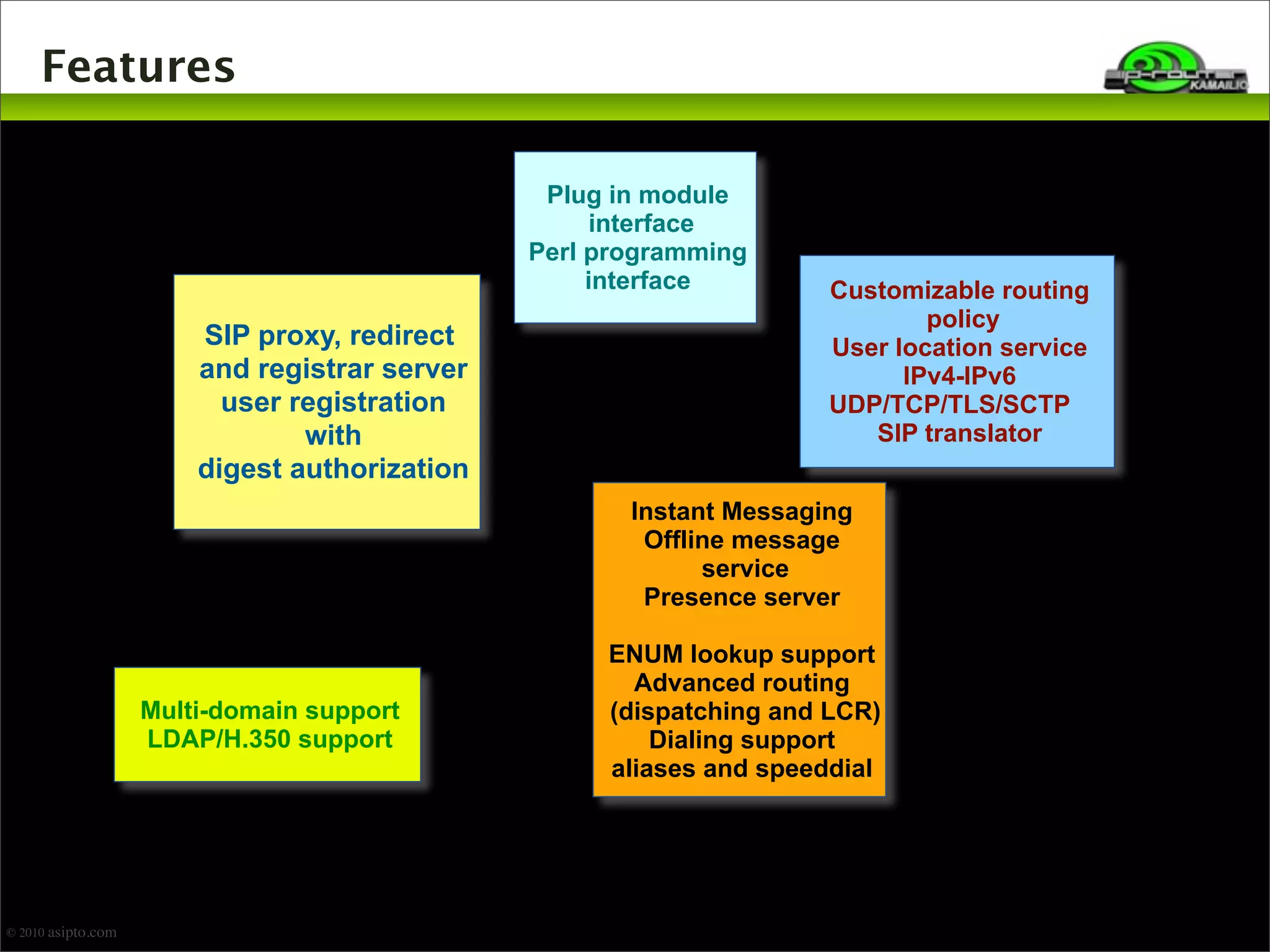 Features 
SIP proxy, redirect 
and registrar server 
user registration 
with 
digest authorization 
Customizable routing 
policy 
User location service 
IPv4-IPv6 
UDP/TCP/TLS/SCTP 
SIP translator 
Instant Messaging 
Offline message 
service 
Presence server 
ENUM lookup support 
Advanced routing 
(dispatching and LCR) 
Dialing support 
aliases and speeddial 
Multi-domain support 
LDAP/H.350 support 
Plug in module 
interface 
Perl programming 
interface 
© 2010 asipto.com 
 