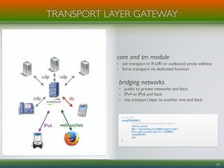 core and tm module
• set transport in R-URI or outbound proxy address
• force transport via dedicated function
13
TRANSPORT LAYER GATEWAY
# Force UDP
route[TOUDP] {
# round robin dispatching on gateways group '1'
record_route();
$du = “sip:nexthop.com:5060;transport=udp”;
force_send_socket(“udp:10.1.1.10:5080”);
route(RELAY);
exit;
}
tls
web socket
udp
udp udp
IPv6
bridging networks
• public to private networks and back
• IPv4 to IPv6 and back
• any transport layer to another one and back
 