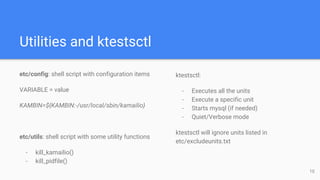 Utilities and ktestsctl
etc/config: shell script with configuration items
VARIABLE = value
KAMBIN=${KAMBIN:-/usr/local/sbin/kamailio}
etc/utils: shell script with some utility functions
- kill_kamailio()
- kill_pidfile()
ktestsctl:
- Executes all the units
- Execute a specific unit
- Starts mysql (if needed)
- Quiet/Verbose mode
ktestsctl will ignore units listed in
etc/excludeunits.txt
10
 