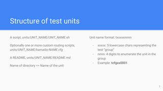 Structure of test units
A script, units/UNIT_NAME/UNIT_NAME.sh
Optionally one or more custom routing scripts,
units/UNIT_NAME/kamailio-NAME.cfg
A README, units/UNIT_NAME/README.md
Name of directory == Name of the unit
Unit name format: txxxxxnnnn
- xxxxx: 5 lowercase chars representing the
test “group”
- nnnn: 4 digits to enumerate the unit in the
group
- Example: tcfgxx0001
7
 