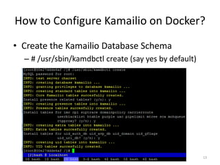 How to Configure Kamailio on Docker?
• Create the Kamailio Database Schema
– # /usr/sbin/kamdbctl create (say yes by default)
13
 