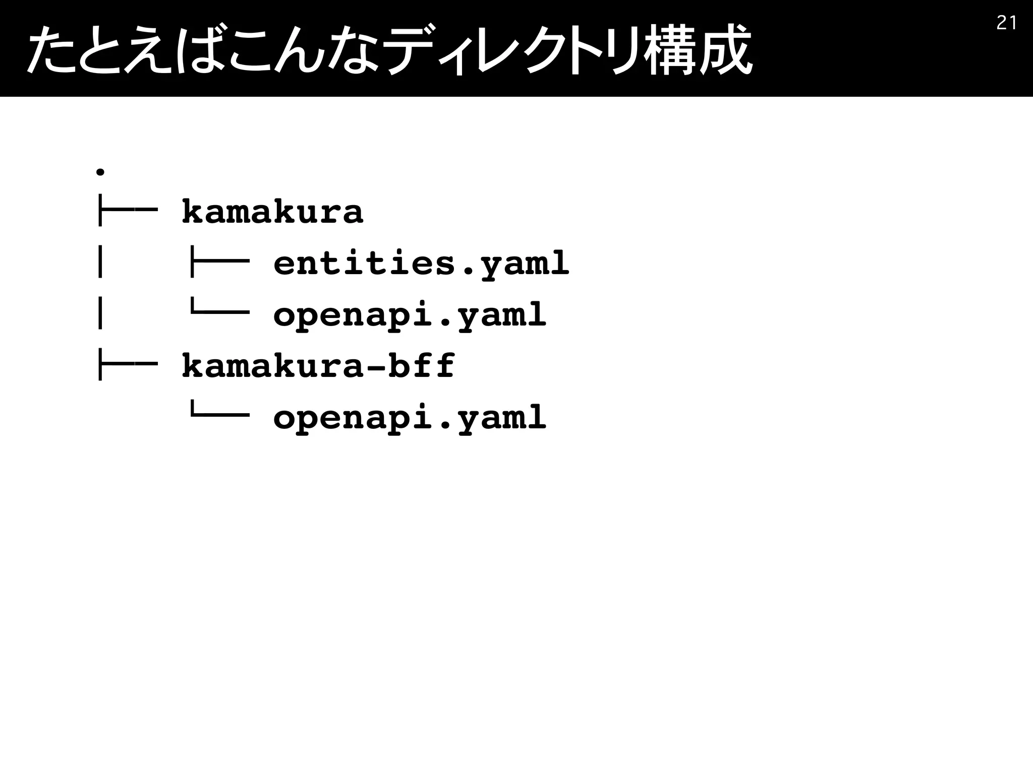 たとえばこんなディレクトリ構成
�21
.
!"" kamakura
#   !"" entities.yaml
#   $"" openapi.yaml
!"" kamakura-bff
   $"" openapi.yaml
 