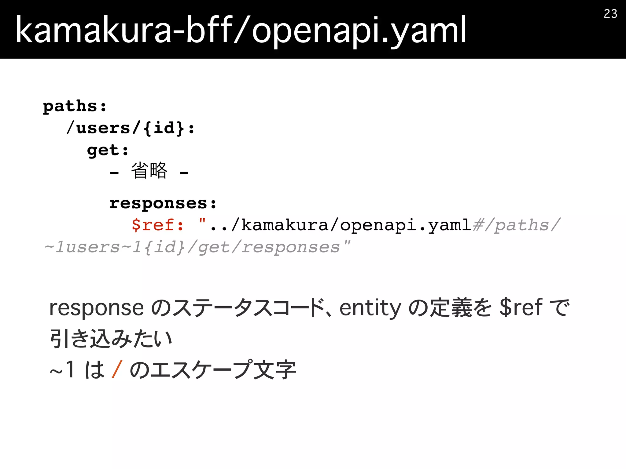 kamakura-bff/openapi.yaml
�23
paths:
/users/{id}:
get:
- -
responses:
$ref: "../kamakura/openapi.yaml#/paths/
~1users~1{id}/get/responses"
response のステータスコード、entity の定義を $ref で
引き込みたい
~1 は / のエスケープ文字
 