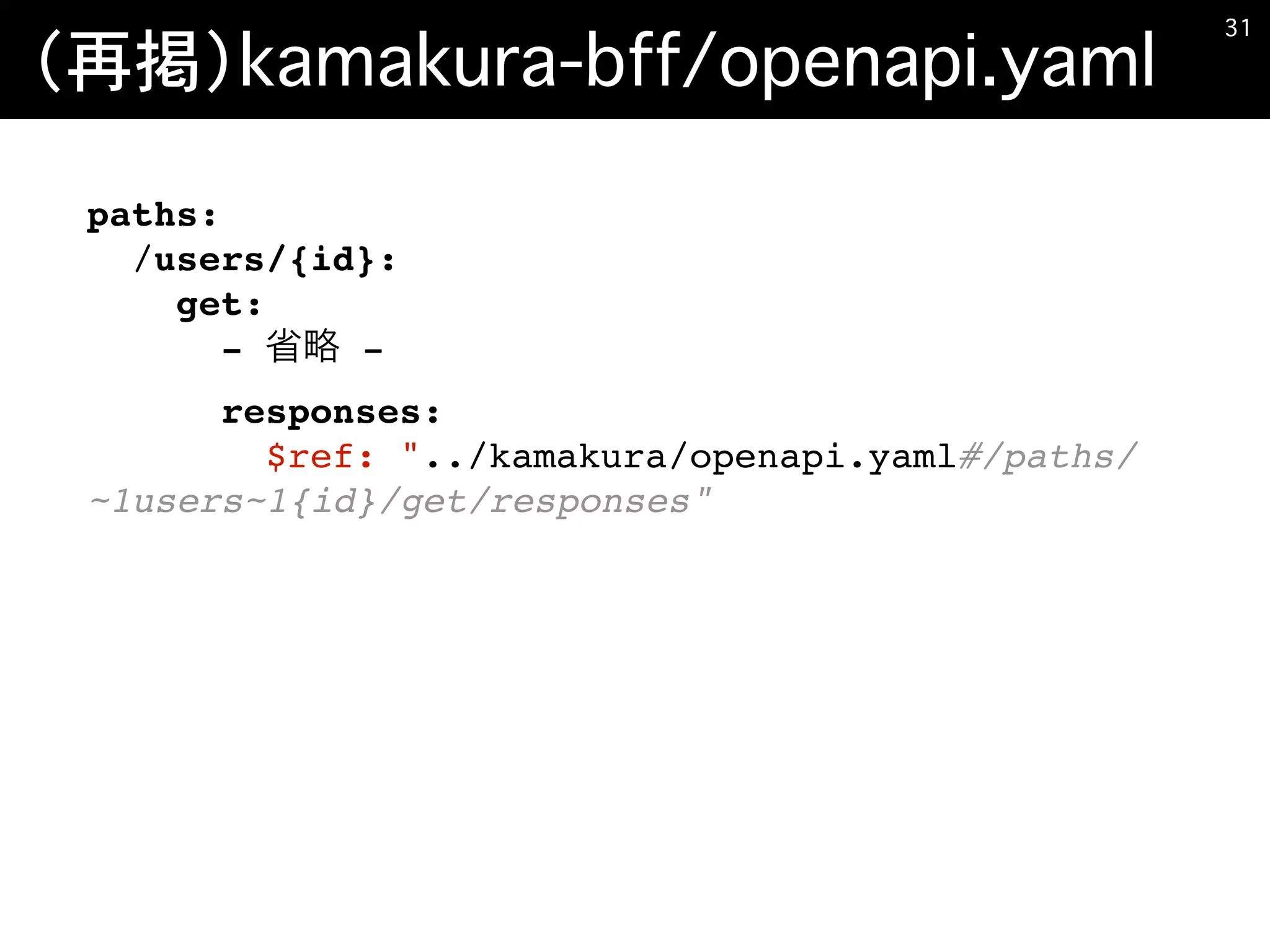 （再掲）kamakura-bff/openapi.yaml
�31
paths:
/users/{id}:
get:
- -
responses:
$ref: "../kamakura/openapi.yaml#/paths/
~1users~1{id}/get/responses"
 