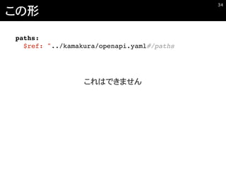 この形
�34
paths:
$ref: "../kamakura/openapi.yaml#/paths
これはできません
 