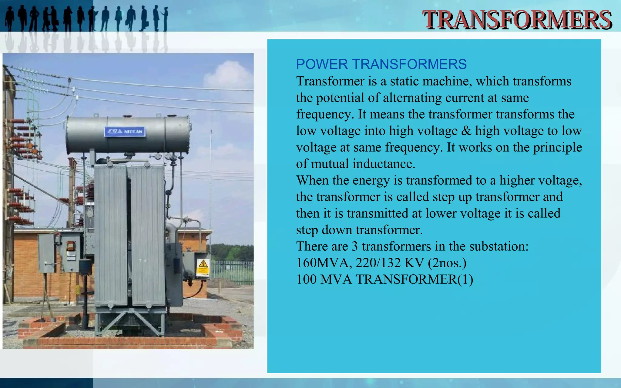 TRANSFORMERS
POWER TRANSFORMERS
Transformer is a static machine, which transforms
the potential of alternating current at same
frequency. It means the transformer transforms the
low voltage into high voltage & high voltage to low
voltage at same frequency. It works on the principle
of mutual inductance.
When the energy is transformed to a higher voltage,
the transformer is called step up transformer and
then it is transmitted at lower voltage it is called
step down transformer.
There are 3 transformers in the substation:
160MVA, 220/132 KV (2nos.)
100 MVA TRANSFORMER(1)

 
