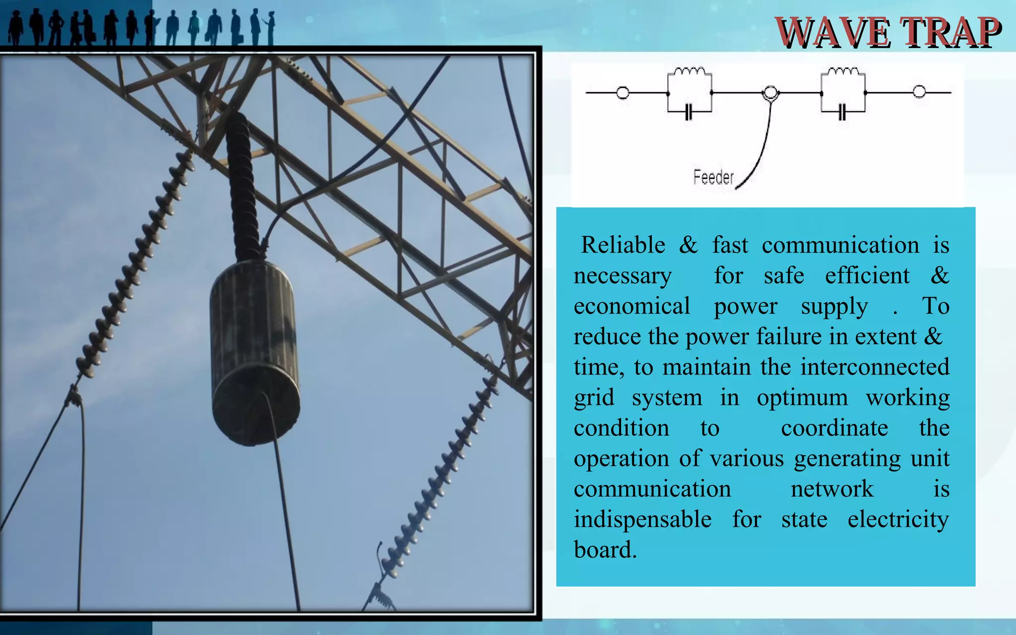 WAVE TRAP

Reliable & fast communication is
necessary
for safe efficient &
economical power supply . To
reduce the power failure in extent &
time, to maintain the interconnected
grid system in optimum working
condition to
coordinate the
operation of various generating unit
communication
network
is
indispensable for state electricity
board.

 