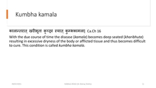 Kumbha kamala
कालान्िराि् खरीभूिा कृ ्रा स्याि् क
ु म्भकामला| Ca.Ch 16
With the due course of time the disease (kamala) becomes deep seated (kharibhuta)
resulting in excessive dryness of the body or afflicted tissue and thus becomes difficult
to cure. This condition is called kumbha kamala.
09/07/2021 KAMALA ROGA (Dr Akshay Shetty) 11
 