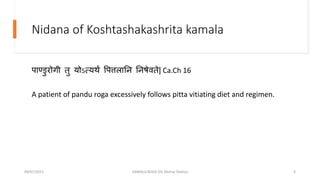 Nidana of Koshtashakashrita kamala
िाण्डुरोगी िु योऽत्यर्थं पित्तलातन तनषेविे| Ca.Ch 16
A patient of pandu roga excessively follows pitta vitiating diet and regimen.
09/07/2021 KAMALA ROGA (Dr Akshay Shetty) 6
 