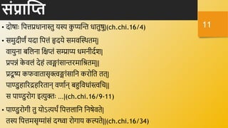 संप्राक्ति
• दोषािः नपतप्रधािास्तु यस्य क
ु प्यक्तन्त धािुषु|(ch.chi.16/4)
• समुदीणं यदा नपतं हृदये समर्क्तस्र्थिम्|
र्ायुिा बनलिा नक्षिं सम्प्राप्य धमिीदवश|
प्रपन्नं क
े र्लं देहं त्वङ्ांसान्तरमानश्रिम्||
प्रदू ष्य कफर्ािासृक्त्वङ्ांसानि करोनि िि्|
पाण्डुहाररद्रहररिाि् र्णावि् बहुनर्धांस्त्वनि||
स पाण्डुरोग इत्युििः ...|(ch.chi.16/9-11)
• पाण्डुरोगी िु योऽत्यर्थं नपतलानि निषेर्िे|
िस्य नपतमसृग्ांसं दग्ध्वा रोगाय कल्पिे||(ch.chi.16/34)
11
 