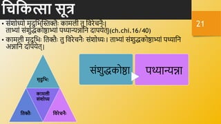 हचहकत्सा सूि
• संशोध्यो मृदुनभक्तस्तिैिः कामली िु नर्रेििैिः|
िाभ्ां संशुद्धकोष्ठाभ्ां पथ्यान्यन्नानि दापयेि्|(ch.chi.16/40)
• कामली मृदुनभिः नििैिः िु नर्रेििैिः संशोध्यिः। िाभ्ां संशुद्धकोष्ठाभ्ां पथ्यानि
अन्नानि दापयेि्|
मृदुहभ:
हतितः
कामली
संशोध्य
हवरेचनतः
संशुद्धकोष्ठा पथ्यान्यन्ना
21
 