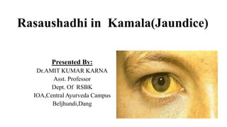 Rasaushadhi in Kamala(Jaundice)
Presented By:
Dr.AMIT KUMAR KARNA
Asst. Professor
Dept. Of RSBK
IOA,Central Ayurveda Campus
Beljhundi,Dang
 