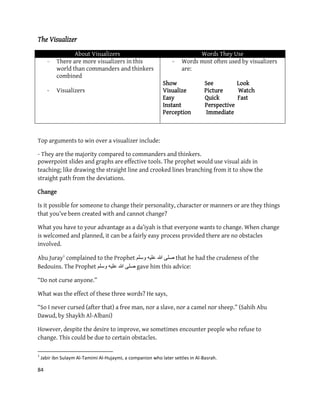 84
The Visualizer
About Visualizers Words They Use
- There are more visualizers in this
world than commanders and thinkers
combined
- Visualizers
- Words most often used by visualizers
are:
Show See Look
Visualize Picture Watch
Easy Quick Fast
Instant Perspective
Perception Immediate
Top arguments to win over a visualizer include:
- They are the majority compared to commanders and thinkers.
powerpoint slides and graphs are effective tools. The prophet would use visual aids in
teaching; like drawing the straight line and crooked lines branching from it to show the
straight path from the deviations.
Change
Is it possible for someone to change their personality, character or manners or are they things
that you’ve been created with and cannot change?
What you have to your advantage as a da’iyah is that everyone wants to change. When change
is welcomed and planned, it can be a fairly easy process provided there are no obstacles
involved.
Abu Juray1
complained to the Prophet ‫ٔسهى‬ ّٛ‫عه‬ ‫هللا‬ ٗ‫صه‬ that he had the crudeness of the
Bedouins. The Prophet ‫ٔسهى‬ ّٛ‫عه‬ ‫هللا‬ ٗ‫صه‬ gave him this advice:
“Do not curse anyone.”
What was the effect of these three words? He says,
“So I never cursed (after that) a free man, nor a slave, nor a camel nor sheep.” (Sahih Abu
Dawud, by Shaykh Al-Albani)
However, despite the desire to improve, we sometimes encounter people who refuse to
change. This could be due to certain obstacles.
1
Jabir ibn Sulaym Al-Tamimi Al-Hujaymi, a companion who later settles in Al-Basrah.
 