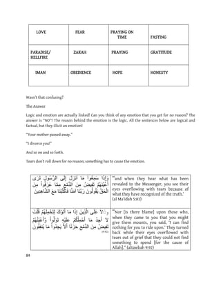 84
LOVE FEAR PRAYING ON
TIME FASTING
PARADISE/
HELLFIRE
ZAKAH PRAYING GRATITUDE
IMAN OBEDIENCE HOPE HONESTY
Wasn’t that confusing?
The Answer
Logic and emotion are actually linked! Can you think of any emotion that you get for no reason? The
answer is “NO”! The reason behind the emotion is the logic. All the sentences below are logical and
factual, but they illicit an emotion!
“Your mother passed away.”
“I divorce you!”
And so on and so forth.
Tears don’t roll down for no reason; something has to cause the emotion.
‫ا‬َ‫ذ‬ِ‫ا‬َْٔ‫ُٕا‬‫ع‬ًَِ‫س‬‫ب‬َ‫ي‬َ‫ل‬ِ‫َز‬ُ‫أ‬َٗ‫ن‬ِ‫ا‬ِ‫ل‬ُٕ‫س‬َّ‫س‬‫ان‬َٖ‫س‬َ‫ت‬
ْ‫ى‬َُُُْٓٛ‫ع‬َ‫أ‬ُ‫ٛض‬ِ‫ف‬َ‫ت‬ٍَِ‫ي‬ِ‫ع‬ْ‫ي‬َّ‫د‬‫ان‬‫ب‬ًَِّ‫ي‬ْ‫ٕا‬ُ‫ف‬َ‫س‬َ‫ع‬ٍَِ‫ي‬
ِّ‫ق‬َ‫ح‬ْ‫ان‬ٌَُٕ‫ن‬ُٕ‫ق‬َٚ‫ب‬ََُّ‫ب‬َ‫ز‬‫ب‬ََُّ‫ي‬‫آ‬‫ب‬َُْ‫ب‬ُ‫ت‬ْ‫ك‬‫ب‬َ‫ف‬َ‫ع‬َ‫ي‬ٍَِٚ‫د‬ِْ‫ب‬َّ‫ش‬‫ان‬
“and when they hear what has been
revealed to the Messenger, you see their
eyes overflowing with tears because of
what they have recognized of the truth.’
(al Ma’idah 5:83)
‫و‬َ‫ل‬ َََٗ‫ه‬َ‫ع‬ٍَِٚ‫ر‬َّ‫ان‬‫ا‬َ‫ذ‬ِ‫ا‬‫ب‬َ‫ي‬َ‫ك‬َْٕ‫ت‬َ‫أ‬ْ‫ى‬َُٓ‫ه‬ًِْ‫َح‬‫ت‬ِ‫ن‬َ‫ت‬ْ‫ه‬ُ‫ق‬
َ‫ل‬ُ‫د‬ِ‫ج‬َ‫أ‬‫ب‬َ‫ي‬ْ‫ى‬ُ‫ك‬ُ‫ه‬ًِْ‫ح‬َ‫أ‬َِّْٛ‫ه‬َ‫ع‬ْ‫ٕا‬َّ‫ن‬ََٕ‫ت‬ْ‫ى‬ُُُُْٓٛ‫ع‬َ‫أ‬َّٔ
ُ‫ٛض‬ِ‫ف‬َ‫ت‬ٍَِ‫ي‬ِ‫ع‬ْ‫ي‬َّ‫د‬‫ان‬‫ب‬ًََ‫ز‬َ‫ح‬َّ‫ل‬َ‫أ‬ْ‫ٔا‬ُ‫د‬ِ‫ج‬َٚ‫ب‬َ‫ي‬ٌَُٕ‫ق‬ِ‫ف‬ُُٚ
(9:99)
“Nor [is there blame] upon those who,
when they came to you that you might
give them mounts, you said, ‘I can find
nothing for you to ride upon.’ They turned
back while their eyes overflowed with
tears out of grief that they could not find
something to spend [for the cause of
Allah].” (altawbah 9:92)
 