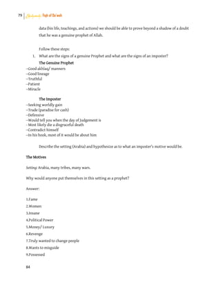 79 Shahadah: Fiqh of Da’wah
84
data (his life, teachings, and actions) we should be able to prove beyond a shadow of a doubt
that he was a genuine prophet of Allah.
Follow these steps:
1. What are the signs of a genuine Prophet and what are the signs of an imposter?
The Genuine Prophet
Good akhlaq/ manners
Good lineage
Truthful
Patient
Miracle
The Imposter
Seeking worldly gain
Trade (paradise for cash)
Defensive
Would tell you when the day of Judgement is
- Most likely die a disgraceful death
Contradict himself
In his book, most of it would be about him
Describe the setting (Arabia) and hypothesize as to what an imposter’s motive would be.
The Motives
Setting: Arabia, many tribes, many wars.
Why would anyone put themselves in this setting as a prophet?
Answer:
1.Fame
2.Women
3.Insane
4.Political Power
5.Money/ Luxury
6.Revenge
7.Truly wanted to change people
8.Wants to misguide
9.Possessed
 