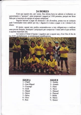 T



                                        24 IIORES
              Com que aquest any, per variar, fins última hora no sabrem si trobarem un
    patrocinador o "sponsor", aneu preparant i pagant ja 3.000 pessetes, perqué ens faran
    falta per a inscriure els equips en aquest campionat.
              Seguim baixant a jugar els dimecres i els divendres, poseu-vos en contacte
    amb I'entrenador (tots sabem qui és), i digueu-li si aneu a jugar o no i doneuJi els
    diners.
              El técnic, aquest any podria sorprendre-nos a tots obligant-nos a realitzu
    unes proves fisiques, técniques i psíquiques per comprovar l'estat amb el que arribem
    a aquesta important cita.
             Ací tenim el llistat d'equips i jugadors per a aquest any; d'ací fins el dia de
    les24H.




                      EOI]IP A                            EOUIP B
                      1.- Charli                          l.- Ausias
                      2.- Jose Miguel                     2.- Amado
                      3.- Cazongo                         3.- Flare
                      4.- Jordi                           4.- Xavo
                      5.- Manel                           5.- Manuel
                      6.- Quico                           6.- Pascual
                      7.- Salva                           7.- Belda
                      8.- Nico                            8.- Mario
                      9.- Kao                             9.- Queco
 