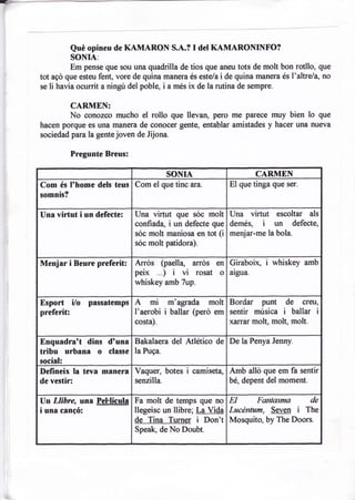 Qué opineu de KAMARON S.A.?              I del KAMARONINFO?
            SONIA:
         Em pense que sou una quadrilla de tios que aneu tots de molt bon rotllo, que
tot agd que esteu fent, vore de quina manera és este,/a i de quina manera és I'altre/a, no
se li haüa ocurrit a ningu del poblg i a més ix de la rutina de sempre.


        CARMEN:
        No conozco mucho el rollo que llevan, pero me parece muy bien lo que
hacen porque es una manera de conocer gente, entablar amistades y hacer una nuev¿
sociedad para la gentejoven de Jijona.

            Pregunte Breus:

                                         SONIA                          CARMEN
Com és I'home dels teus Com el que tinc ara.                    El que tinga que   ser.
somnis?

Una virtut i un defecte:      Una virtut que sóc molt Una virtut escolta¡ als
                              confrad4 i un defecte que demés, i un defecte,
                              sóc molt maniosa en tot (i menjar-me la bola.
                              sóc molt patidora).

Menjar i Beure preferit:      Arrds (paella" arrds en Giraboix, i whiskey                 amb
                              peix ..) i vi rosat o aigua.
                              whiskey amb 7up.

Esport      ilo passatemps A mi              m'agrada molt Bordar punt de creu,
preferifi                     I'aerobi   i   ballar (peró em sentir música i balla¡ i
                              costa).                           xarrar molt, molt, molt.

Enquadra't dins d'una Bakalaera del Atlético                 de De la Penya Jenny.
tribu urbana o classe la Puga.
social:
Defineix la teva manera Vaquer, botes            i   camiseta, Amb alld que em fa sentir
de vestir:              senzilla.                              bé, depent del moment.

An Llibre, una    $!fu!¿      Fa molt de temps que no EI        Fantasma de
i una cangó:                  llegeisc un llibre; La Vida Lucéntum, Seven i The
                              de Tina Turner          i   Don't Mosquito, by The Doors.
                              Speak, de No Doubt.
 