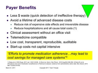 March 21, 2011Copyright 2011: Team TrianglePayer BenefitsLess $ waste (quick detection of ineffective therapy) Avoid a lifetime of advanced disease costsReduce risk of expensive side effects and irreversible diseaseReduce hospitalizations and all cause total costs (1)Clinical assessment without an office visitTelemedicine compatibleLow cost, transparent, reproducible, auditableStart-up costs not capital intensive“Efforts to promote medication adherence…may lead to cost savings for managed care systems”31) Delea et al. CNS Drugs. 2011 Jan 1;25(1):53-66,  2) Wei et al. Amer J Ger Pharm.  2010 Aug;8(4):384-394, 3) Davis KL et al. Prevalence and cost of medication nonadherence in Parkinson's disease: evidence from administrative claims data. Mov Disord. 2010 Mar 15;25(4):474-80.