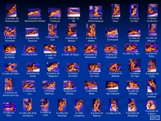 A posição da             A posição do           A união da             A união da          A posição de          A união            A postura      O Móvel
  Sobreposição         Alinhamento Perfeito       Tartaruga                 Rã              Andromanaque            Doce               do Pilar     do Moinho




                                              A postura do                                                    A união do
  A união da            A postura das                              A postura do           A união da                                 A união do    A união do
                                                  Iô-iô                                                       Caranguejo
  Borboleta               Tesouras                                   Baloiço                Abelha                                   Escorpião      Macaco




  A postura          A união da Boa                             A união da Águia         A posição do         A dança do        A união do Tigre   A união do
                                              A união do                                                                                             Polvo
  da Estrela                                     Gato                                     Missionário         Missionário




A união da Ostra         A postura do          A postura do              A postura           A posição           A postura do          A postura   A posição de
                            Arado               Salgueiro                de Cobrir           do Lotus              Batente             do Tigre       Indra




                      A postura da         A Grande              A postura de             O Móvel da           A postura            A união do
 A postura da             Lua              Abertura                BAmbu                    Roda              das Colheres           Elefante       A união do
Árvore de Fruta
                                                                                                                                                     Antílope




                                                                                                                                                   A posição da
 A união da        A união das Aves     A união do         A união dos         A união         A postura do   A união da Pia      A posição da       Costura
    Vaca              de Rapina            Lobo             Amantes           Suspensa           Balanço                           Amazónia
 