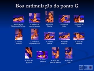 Boa estimulação do ponto G A posição do Alinhamento Perfeito A posição de Andromanaque A união da Abelha A postura da Árvore de Fruta A postura do Arado A união da Ostra A união do Elefante A Grande Abertura A posição de Indra A postura da Lua A união do Antílope A união das Aves de Rapina A união do Lobo A união da Vaca 