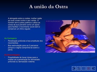A união da Ostra A alongada sobre a costas, mulher replie as suas coxas contra o seu ventre. O homem tem-a pelos joelhos e utiliza as coxas da sua parceira como um apoio para facilitar o movimento va-et-vient e conservar um ritmo regular . As Vantagens Penetração profunda e boa amplitude dos movimentos .  Boa estimulação para os 2 parceiros porque a vagina comprime-se sobre o pénis .  As Desvantagens  Possibilidade de haver dores para a mulher se a penetração for demasiado profunda ou demasiado violenta .  