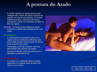 A postura do Arado A mulher deitada de costas leva as suas nádegas até o bordo da cama e encerra as pernas nos rins do seu parceiro. O homem ajoelha-se sobre o solo para penetra-la guardando o pénis na horizontal, paralelo ao eixo da vagina . Variante :   O homem pode realizar-se de pé enquanto a mulher está deitada sobre uma mesa .  As Vantagens O alinhamento horizontal do pénis e da vagina procura sensações diferentes das procuradas quando a penetração se faz da parte superior para baixo .  Penetração profunda trazendo uma boa estimulação das paredes da vagina .  Posição excitando, particularmente para a alternativa praticada de pé .  As Desvantagens  O conforto e a viabilidade desta posição dependem em grande parte da altura da cama ou a da mesa .  