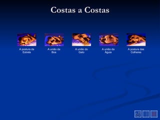 Costas a Costas A união da Águia A união da Boa A união do Gato A postura da Estrela A postura das Colheres 