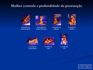 Mulher controla a profundidade da penetração A posição da Sobreposição A posição de Andromanaque A união da Abelha A postura do Baloiço A união do Caranguejo A união do Tigre A união da Pia 