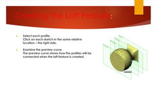 Creating the Loft Feature:
2. Select each profile.
Click on each sketch in the same relative
location – the right side.
3. Examine the preview curve.
The preview curve shows how the profiles will be
connected when the loft feature is created.
 