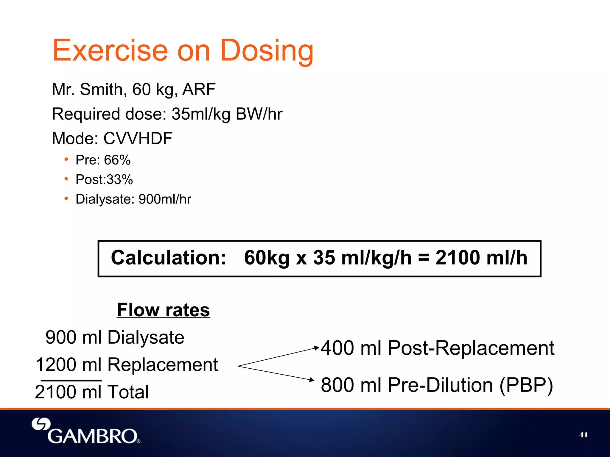 41
Calculation: 60kg x 35 ml/kg/h = 2100 ml/h
Flow rates
900 ml Dialysate
1200 ml Replacement
2100 ml Total
400 ml Post-Replacement
800 ml Pre-Dilution (PBP)
Exercise on Dosing
Mr. Smith, 60 kg, ARF
Required dose: 35ml/kg BW/hr
Mode: CVVHDF
• Pre: 66%
• Post:33%
• Dialysate: 900ml/hr
 