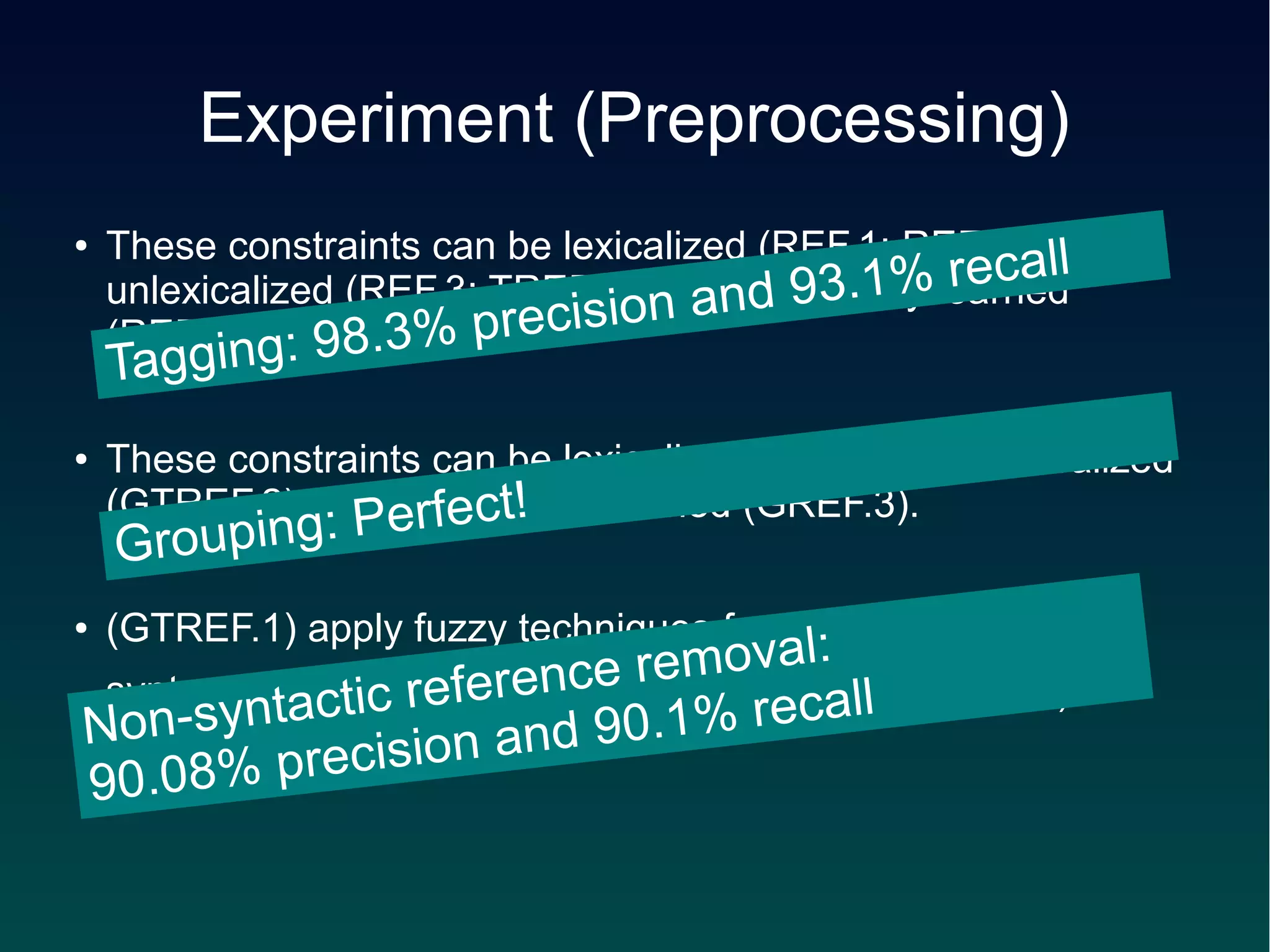 Experiment (Preprocessing)
    These constraints can be lexicalized (REF.1; REF.2), ll
                                                   r ec a
●

    unlexicalized (REF.3; TREF.4) or and 93  .1%learned
    (REF.5; REF.6). 3% preci
                               s ion automatically
           ng: 9 8 .
    Taggi
●   These constraints can be lexicalized (GREF.1), unlexicalized
    (GTREF.2) or Perfect!
                 automatically learned (GREF.3).
    Grouping:
    (GTREF.1) apply fuzzy techniques for integrating source
                                      a l:
●


 syntax into hierarchicalence
                              removsystems (REF.2).
Non-syn    tactic refer phrase-based ecall
                            9 0. 1% r
                cision and
9 0.08% pre
 