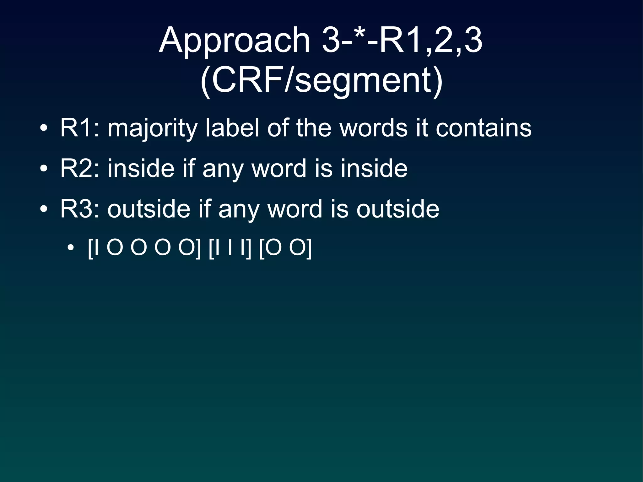 Approach 3-*-R1,2,3
                 (CRF/segment)
●   R1: majority label of the words it contains
●   R2: inside if any word is inside
●   R3: outside if any word is outside
    ●   [I O O O O] [I I I] [O O]
 
