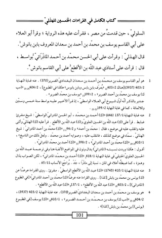 ‫كتاب‬
‫امامل‬
‫فى‬
‫الاراءات‬
‫افن‬
‫لمذر‬
‫المالور‬
،
‫حن‬
‫قدمت‬
‫من‬
‫مصر‬
،
‫فقرأت‬
‫عله‬
‫هذه‬
‫الرواية‬
‫؛‬
‫وقرأ‬
‫أبو‬
‫العلاء‬ ٠٠
‫على‬
‫أبي‬
‫القاسم‬
‫يوسف‬
‫بن‬
‫محمد‬
‫بن‬
‫أحمد‬
‫بن‬
‫معدان‬
‫اشروف‬
‫ابن‬‫ب‬
‫بانوش‬
.
‫قال‬
‫الهذر‬
I
‫وقرأت‬
‫على‬
‫أبي‬
‫الحسن‬
‫محمد‬
‫بن‬
‫أحمد‬
‫الماذرائي‬
‫بواستل‬
،
‫ال‬‫ق‬
:
‫قرأت‬
‫على‬
‫أستاذي‬
‫عبد‬
‫الله‬
‫بن‬
‫الأقطعقعلى‬
‫أبى‬
‫القاسم‬
/‫بانوش‬
1
‫ه‬
‫و‬
‫أبو‬
‫القاصم‬
‫يوصف‬
‫بن‬
‫محمد‬
‫بن‬
‫أحمد‬
‫بن‬
‫معدان‬
‫البغدادي‬
)‫ة‬07(‫الضرير‬
.
‫عنه‬
‫غاية‬
‫النه‬
‫اية‬
403/2
‫ر‬
937
)‫ق‬
‫[هناك‬
‫رريعرف‬
‫ابن‬‫ب‬
‫يابس‬
‫ويابن‬
‫بابوس؛؛‬
‫هكذا‬
‫في‬
‫المءيوعا‬
،
52-2‫هم‬،‫ثمم'أ‬
‫رر(مب‬
)‫ك‬
‫يوصف‬
‫بن‬
‫محمد‬
‫بن‬
‫أحمد‬
،،‫الضرير‬
،
199/2
2‫إ‬
‫رريوصف‬
‫بن‬
‫محمد‬
®‫الضرير‬
.
‫حدير‬
‫بالذكر‬
‫أنه‬
‫أول‬
‫شموخ‬
‫أبي‬
‫العلاء‬
،‫الواصطي‬
‫إذ‬
‫فرأ‬
‫الأحمر‬
‫علمه‬
‫ّط‬‫ا‬‫بو‬
‫سنة‬
‫خمس‬
‫وم‬
‫تثن‬
‫وثلاثمائة‬
‫كافي‬،
‫غاية‬
‫النهاية‬
99/2
‫لل‬
22.2
.
2
‫ع‬
‫نه‬
‫غاية‬
‫النهاية‬
137/1
)6‫ج‬6‫ر‬
)‫رر(ك‬
‫أحمد‬
‫ين‬
،‫محمد‬
‫أبو‬
‫الحسن‬
‫المادراني‬
‫الواصهر؛‬
‫ثخ‬
‫مقرئ‬
‫ابهل‬‫ض‬
.
‫أ‬‫ر‬‫ق‬
‫على‬
)‫(ك‬
‫عبد‬
‫الله‬
‫بن‬
‫الحسين‬
‫الوى‬‫ع‬‫ال‬
)‫و(ك‬
‫عبد‬
‫الله‬
‫بن‬
‫الأقطع‬
.
‫أ‬‫ر‬‫ف‬
‫عليه‬
)‫(ك‬
‫الهذلي‬
‫أثنى‬‫و‬
‫عليه‬
‫وانقلب‬
‫عليه‬
‫في‬
،‫موضع‬
‫ال‬‫ق‬‫ف‬
‫محمد‬
‫ين‬
،‫أحمدا‬
‫و‬
94/2
_‫إ‬
2
)‫رر(ك‬
‫محمد‬
‫بن‬
‫أحمد‬
‫المادراني‬
'•
‫شيخ‬
‫الهذر‬
.
‫صماه‬
‫في‬
‫موضع‬
،‫كذلك‬
‫انقلب‬‫ف‬
،‫عليه‬
‫وصوابه‬
‫أحمد‬
‫بن‬
‫محمد‬
.
‫ولعل‬
‫ذلك‬
‫من‬
،،‫الماسخ‬
،
0/1
2‫ِه‬‫إ‬‫و‬4‫أ‬
)‫رر(ك‬
‫محمد‬
‫بن‬
‫أحمد‬
،،‫المادراني‬
،
98/2
2‫ثل‬
)‫ار(ك‬
‫أحمد‬
‫بن‬
‫محمد‬
،،‫المادراني‬
•
‫أقول‬
‫هكذا‬
‫وردت‬
‫ن‬
‫بته‬
)‫اني‬‫ر‬‫اد‬‫م‬‫ال‬(
‫ال‬‫د‬‫ب‬
‫ونون‬
‫في‬
‫الواصع‬
‫أنفة‬‫ل‬‫ا‬
‫ا‬‫ن‬‫ه‬
،‫وقمح‬
‫ترجمة‬
‫عبد‬
‫الله‬
‫بن‬
‫الحسين‬
‫العلوي‬
‫آ‬‫ي‬‫الحبل‬
‫في‬
‫اية‬‫غ‬
‫المهاية‬
418/1
‫ز‬‫إ‬
)‫رر(ك‬
‫أحمد‬
‫بن‬
‫محمد‬
‫المادراز'؛‬
،
‫لكن‬
‫الصواب‬
‫بذال‬
،‫وهمره‬
‫كما‬
‫ضيهلمه‬
‫اعلاه‬
‫فى‬
،‫المس‬
‫ن‬
‫ية‬
‫إلى‬
‫ماذرا‬
،
‫جد‬
٠
‫يراجع‬
‫الأنايب‬
65/11
٠
3
‫ع‬
‫نه‬
‫غاية‬
‫المهاية‬
410/1
‫ل‬
1745
)
)‫رل(ك‬
‫عجي‬
‫الله‬
‫ين‬
‫الأقطع‬
.‫ْلي‬‫ص‬‫الوا‬
.‫مقرئ‬
‫روى‬
‫القراءة‬
‫عرصا‬
‫عن‬
)‫(ك‬
‫يونس‬
‫بن‬
‫محمد‬
‫بن‬
‫ابس‬‫ي‬
]‫[كذا‬
.
‫روى‬
‫القراءة‬
‫عنه‬
‫عرصا‬
)‫(ك‬
‫محمد‬
‫ين‬
‫أحمد‬
‫المادرارآ؛‬
‫المهلبؤع‬
])‫(المادرار‬
،
5403/2
‫ل‬
‫رر(ك)ءيدالأهبنالأقلعاا‬
،
137/1
‫ورر(ك)عبدالأه؛نالأمملعاا‬
.
4
‫ه‬
‫ويوصف‬
‫بن‬
‫محمد‬
‫بن‬
‫أحمد‬
‫بن‬
‫سعدان‬
‫البغدادي‬
(‫الضرير‬
370
)
.
‫عنه‬
‫غاية‬
‫المهاية‬
403/2
(
3937
)
،
‫ة_ه‬،‫إ؛‬0،‫ؤ‬/2
‫رر(مب‬
)‫ك‬
‫يوصف‬
‫بن‬
‫محمد‬
‫بن‬
‫أحمد‬
،‫الضريرا‬
،
410/1
‫إ‬‫و‬
)‫ار(ك‬
‫يوصف‬
‫[في‬
‫المعلبؤع‬
])‫(يونس‬
‫ين‬
‫محمد‬
‫بن‬
‫يابش‬
‫[كذا]اا‬
.
101
===——
 