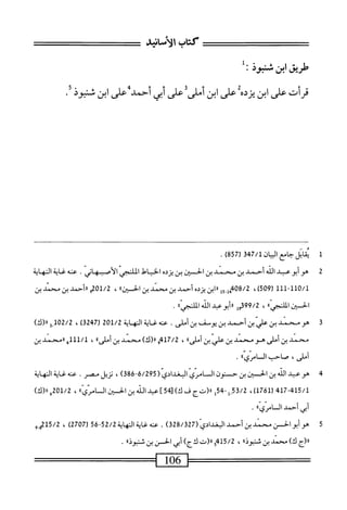 ‫كتاب‬
‫طريق‬
‫ابن‬
‫ثشوذ‬
•
‫قرأت‬
‫على‬
‫ابن‬
‫يزده‬
‫على‬
‫ابن‬
‫أملى‬
‫على‬
‫أبى‬
‫أحمد‬
‫على‬
‫ابن‬
‫شنبوذ‬
■
1
‫مب‬
‫اتل‬
‫ٍع‬‫ا‬‫ج‬
347/1 jUI
‫ر‬
857
)
.
2
‫ه‬
‫وأبوعبد‬
‫الله‬
‫أحمد‬
‫بن‬
‫محمد‬
‫بن‬
‫الحسين‬
‫بن‬
‫يزده‬
‫امحل‬‫م‬‫الخ‬
‫إ‬‫م‬‫الملضه‬
‫الأصهاني‬
.
‫عنه‬
‫غاية‬
‫النهاية‬
~‫لل‬0/‫ل‬
11
‫ل‬
(
509
،)
‫ل‬5-‫ثممةهمل‬
‫ابن‬‫ر‬‫ر‬
‫يرده‬
‫أحمد‬
‫ين‬
‫محمد‬
‫بن‬
‫الحسيناا‬
،
201/2
‫و‬
‫ءأحمد‬
‫بن‬
‫محمد‬
‫بن‬
‫الحسين‬
»ّ‫ى‬‫اسن‬
،
99/2
‫مل‬
»‫ررأ؛وىلالأهايي‬
.
3
‫ه‬
‫ومحمد‬
‫بن‬
‫علي‬
‫بن‬
‫أحمد‬
‫بن‬
‫يومف‬
‫بن‬
‫أملى‬
.
‫عنه‬
‫غاية‬
‫النهاية‬
201/2
(
247
،‫قا‬
102/2
)‫وار(ك‬
‫محمد‬
‫بن‬
‫أملى‬
‫هومحمد‬
‫بن‬
‫علي‬
‫بن‬
،،‫أملى‬
،
417/2
)‫واا(ك‬
‫محمد‬
‫بن‬
®‫أملى‬
،
111/1
‫ه‬
‫ررمحمد‬
‫بن‬
،‫أملى‬
‫صاحأ*ؤب‬
،،‫المهامرى‬
٠
4
‫ه‬
‫و‬
‫عبد‬
‫الله‬
‫بن‬
‫الحسين‬
‫بن‬
‫ح‬
‫نون‬
‫المامري‬
‫البغدادي‬
(
6/295
)‫ق‬68"
،
‫نزيل‬
‫مصر‬
•
‫عنه‬
‫غاية‬
‫النهاية‬
417-415/1
(
1761
)
،
‫ِل‬5‫ق‬/2
-
54
‫ل‬
‫را(تج‬
‫ف‬
)‫ك‬
]45[
‫عبد‬
‫الله‬
‫بن‬
‫الحسين‬
‫ّاا‬‫ي‬ّ‫ر‬‫الساء‬
،
201/2
)‫ء«(ك‬
‫أبي‬
‫أحمد‬
،،‫السامري‬
•
5
‫ه‬
‫وأبوالحس‬
‫سد‬
‫بن‬
‫أحمد‬
(ّ‫ي‬‫البغداد‬
328/327
)
.
‫عنه‬
‫غاية‬
‫الياية‬
52/2
-
56
(
2707
)
،
215/2
‫و‬,‫و‬
‫ررؤج‬
)‫ك‬
‫محمد‬
‫بن‬
،،‫شنبوذ‬
،
415/2
‫ج‬
‫را(ت‬
‫ك‬
)٢
‫أبى‬
‫الحسن‬
‫بن‬
،،‫ثنبوذ‬
.
 