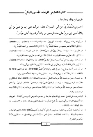 ‫كتاب‬
‫ل‬.‫لأى‬
١٠١٥^١١٠‫ر‬
‫الخسيث‬
‫للهذر‬
‫طريق‬
‫ابن‬
:‫واقيوخارجة‬
‫أخرني‬
‫المهدزي‬
‫عن‬
‫أبي‬
،‫الحسن‬
‫قال‬
:
‫قرأت‬
‫على‬
‫نيد‬
‫بن‬
‫علي‬
‫ن‬
‫ر‬
‫ال‬‫ل‬‫ب‬
‫على‬
‫ابن‬
‫فرح‬
‫على‬
‫تمد‬
‫الرحمن‬
‫بن‬
‫اقي‬‫و‬
‫وخارجة‬
‫على‬
‫عناس‬
•
1
‫ه‬
‫و‬
‫أبو‬
‫نصر‬
‫منصور‬
‫ين‬
/‫أحمد‬
‫محمد‬
‫الهروي‬
.
‫عنه‬
‫غاية‬
‫النهاية‬
312/2
(
3651
)
‫و‬
313/2
(
3658
)
،
‫عل‬87/‫ل‬
)‫لا(ك‬
‫أبونصرمنصور‬
‫ين‬
‫محمد‬
‫المهندزيءا‬
،
00/2
^4-
)‫لارك‬
‫منصور‬
‫بن‬
‫أحمد‬
‫القهندزىاا‬
.
2
‫ه‬
‫وعلي‬
‫بن‬
‫صمد‬
‫بن‬
‫الحس‬
(ّ‫ى‬‫ّادجان‬‫ي‬‫الخناز‬
398
)
.
‫عته‬
‫غاية‬
‫الهاية‬
577/1
-
578
(
2342
)
،
‫و‬.‫م‬99/‫أ‬
‫رر(كآ‬
‫علي‬
‫بن‬
‫محمد‬
®‫ازي‬‫ب‬‫الخ‬
،
312/2
‫و‬
)‫رررك‬
‫أبي‬
‫الحسين‬
‫علي‬
‫ن‬
‫محمد‬
®‫الخاوي‬
.
3
‫ه‬
‫و‬
‫أبوالقاسم‬
‫زيد‬
‫ين‬
ّ‫ي‬‫ءل‬
‫بن‬
‫أحمد‬
‫انمجلي‬
‫الخوفي‬
(
358
)
.
‫عنه‬
‫غاية‬
‫اية‬‫ه‬‫الن‬
298/1
-
299
(
1308
)
،
‫همء‬/‫ل‬
®‫رر(سغافك)زيد؛نءلي؛نأ؛يلأل‬
،
»‫لرر(ك)فدينأبيس‬9‫تح‬7‫لإ‬/‫ل‬
•
4■
‫هو‬
‫أبو‬
‫جعفر‬
‫أحمد‬
‫بن‬
‫فرح‬
‫بن‬
‫حبريل‬
‫الضرير‬
‫البغدادي‬
‫الممر‬
(
4/3/301
)
٠
‫عنه‬
‫اية‬‫غ‬
‫النهاية‬
95/1
69-
(
37
)4*
،
22‫ا"ملةق‬
)‫لل(ك‬
‫أحمد‬
‫بن‬
‫فرح‬
‫؛‬،‫المفسر‬
،
98/1
‫إ‬0,‫م‬
‫لر(س‬
‫غاج‬
‫ف‬
)‫ك‬
‫أحمد‬
‫بن‬
®‫فرح‬
.
5
‫ه‬
‫و‬
‫عبد‬
‫الرحمن‬
‫ين‬
‫عبثي‬
‫الله‬
‫بن‬
‫واقي‬
.‫الختلي‬
‫عنه‬
‫غاية‬
‫المهاية‬
381/1
(
1624
)
‫[هاك‬
381/1
‫ول_هل‬
)‫ال(ك‬
‫عبد‬
‫الرحمن‬
‫ين‬
‫اقي‬‫و‬
،
‫أيوم‬
‫لم‬
‫الواقدي‬
‫الختلي‬
‫المؤدب‬
،‫البغدادي‬
‫كذا‬
‫ذكره‬
،‫الهذر‬
‫ؤإئما‬
‫هو‬
‫نمد‬
‫الرحمن‬
‫ين‬
‫تميد‬
‫الله‬
‫ين‬
]®‫واقي‬
،
353/1
‫ول‬
)‫را(ك‬
‫نمد‬
‫الرحمن‬
‫ين‬
))‫واقي‬
،
95/1
2‫ل‬
)‫رر(ك‬
‫عبد‬
‫الرحمن‬
‫بن‬
®‫واقي‬
•
6
‫ك‬
‫ذا‬
‫موضعه‬
‫فى‬
‫الأصل؛‬
‫وهوأيوالحجام‬
‫خارجة‬
‫ين‬
‫مصعب‬
‫القبض‬
‫السرخسى‬
(
168
)
.
‫المعروف‬ ٠٠
M
٠٠
‫عته‬
‫أنه‬
‫روى‬
‫القراءة‬
‫عن‬
‫أبي‬
‫عمرووأنه‬
‫ثيخ‬
‫العباس‬
‫بن‬
‫الفضل‬
‫الذي‬
‫روى‬
‫القراءة‬
‫عنه‬
،
‫ا‬‫ل‬
‫العكس‬
.
‫عنه‬
_
‫ا‬
‫لنهاة‬
268/1
21‫رلل‬
)
.
7
‫ه‬
‫وأبوالقفل‬
‫العناس‬
‫ين‬
‫القفل‬
‫بن‬
‫عمروالواففي‬
‫الأنماري‬
‫و‬50(‫اس‬
186
،)
‫لومل‬.‫قاصيا‬
.
‫عته‬
‫غاة‬
‫النهاة‬
353/1
-
354
(
1514
)
،
/‫ل‬
290
‫إ‬
_(«
‫ف‬
)‫ك‬
‫العناس‬
‫بن‬
»‫القفل‬
،
81/1
‫إ‬‫ء‬,_‫مو‬
)‫اا(ك‬
‫باس‬
‫بن‬
،‫القفل‬
.
13
 