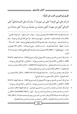 ‫كتاب‬
‫الأنامحيي‬
‫طريق‬
‫إبراهيم‬
‫بن‬
‫كب‬
‫عن‬
‫أدقتة‬
‫ت‬
،‫ِانث‬‫ن‬‫قرأتءرأبىالولأءلءشاي‬
‫وقرأت‬
‫عر‬
‫ض‬
‫ُرافي‬‫ل‬‫ا‬
‫*على‬
‫ابن‬
‫مهران‬
‫على‬
‫محني‬
‫بن‬
‫محني‬
‫بن‬
‫مرثد‬
‫على‬
‫محمد‬
‫ن‬
1
‫مم‬
‫ه‬
‫ي‬
‫الهايت‬
315/2
(
3667
)
)‫ا(ك‬
‫مهدي‬
‫بن‬
‫طرارا‬
-
‫رقال‬
:
ْ‫ر‬‫<ا‬
‫بالهاء‬
،
‫أبو‬
‫الوفاء‬
‫الئ‬
‫ابمي‬
-
‫بالقاف‬
‫وآخر‬
‫الحروف‬
،‫والوي‬
—
‫البغدادي‬
I
‫شخ‬
‫مقرئ‬
‫حاذق‬
.
‫أ‬‫ر‬‫ق‬
‫على‬
)‫(ك‬
‫أبي‬
‫بكر‬
‫بن‬
)‫مهران‬
‫؛‬
‫وهو‬
‫من‬
‫أحذق‬
‫أصحابه‬
.
،‫ونزل‬
،‫كرمان‬
،
‫أ‬‫ر‬‫فق‬
‫عليه‬
‫ا‬‫ه‬‫ب‬
)‫(ك‬
‫أبو‬
‫القاسم‬
‫ووصمه‬
،
،‫ال‬‫ق‬‫ف‬
‫ت‬
،‫ان‬‫ك‬
‫عاآا‬
،
‫مضمرا‬
،
‫فقيها‬
.
‫قرأت‬
)‫عاليه؛كرمان‬
•
‫مات‬
‫سنةثلامن‬
•
‫يعنى‬
‫؛‬١‫وأربعمائة‬
،
2ِ‫إ‬05/‫ل‬
)‫را(ك‬
‫مهدي‬
‫بن‬
ْ‫ر‬‫طرا‬
،
‫شخ‬
،،‫الهدلي‬
،
400/2
^
)‫را(ك‬
‫مهدي‬
‫بن‬
‫طراره‬
»،‫يكرمان‬
‫[في‬
‫المهلثؤع‬
‫ا‬‫ء‬‫از‬‫ر‬‫اط‬‫ل‬
‫اي‬‫ز‬‫ب‬
،‫دون‬
‫هاء‬
‫أو‬
]‫ألف‬
.
‫ة‬
‫ه‬
‫وأبوبكر‬
‫أحمد‬
‫بن‬
‫الحمسين‬
‫بن‬
،‫مهران‬
‫الأصبهاني‬
‫ثم‬
‫الي‬
‫ابوري‬
83‫(ل‬
)
.
‫عنه‬
‫غاية‬
‫النهاية‬
~‫ج‬9/‫ل‬
50
‫ل‬
208
)
،
238/2
‫وإ_هإ‬
)‫ار(ك‬
‫أبو‬
‫كر‬
‫أحمد‬
‫بن‬
‫الحسن‬
‫ين‬
‫اا‬،‫مهراذ‬
،
5/2
‫لقوإ‬
‫وإ‬
»‫ا<(ك)أ؛يكر؛نمهراوا‬
.
3
‫ه‬
‫و‬
‫محمد‬
‫بن‬
‫أحمد‬
.‫الوحاباذي‬
‫عنه‬
‫غاية‬
‫المهاية‬
93/2
)2‫ةة‬0(
،
311/2
2‫ل‬
)‫رر(ك‬
‫محمد‬
‫بن‬
‫أحمد‬
‫الوحا؛اذياا‬
،
399/2
2‫و‬
)‫اا(ك‬
‫محمد‬
‫بن‬
‫أحمد‬
‫بن‬
‫الوحاباذي‬
،‫ببخارا؛‬
.
4
‫ه‬
‫و‬
‫أبو‬
‫نصر‬
‫منصور‬
‫بن‬
‫أحمد‬
٠
‫عنه‬
‫غاية‬
‫اله‬
‫اية‬
1/2
"3‫ل‬
312
(
3650
)
،
50/1
‫إ‬_‫ي‬
)‫رر(ك‬
‫منحور‬
‫بن‬
‫أحمد‬
‫ا‬،‫العراقي‬
،
93/2
‫وي‬
)‫اا(ك‬
‫منصور‬
‫ين‬
‫أحمد‬
‫اقي؛؛‬‫ر‬‫المح‬
.
5
‫ه‬
‫وأبوبكر‬
‫أحمد‬
‫بن‬
‫الحسين‬
‫بن‬
،‫مهران‬
‫الأصيهاني‬
‫ثم‬
‫الي‬
‫ابوري‬
(
381
)
.
‫عنه‬
‫غاية‬
‫النهاية‬
"94/‫ل‬
50
(
208
،)
238/2
‫إ‬‫م‬‫ِب‬‫إ‬‫و‬
)‫رر(ك‬
‫أبويكر‬
‫أحمد‬
‫بن‬
،‫از‬‫س‬‫الح‬
‫بن‬
،،)‫مهران‬
،
1/2
_‫إ‬‫ق‬3‫ل‬
‫إ‬2
‫اا‬،‫را(ك)أ؛يكر؛نءهراذ‬
.
‫ة‬
‫ه‬
‫و‬
‫أبو‬
‫بكر‬
‫محمد‬
‫بن‬
‫محمد‬
‫ين‬
‫أحمد‬
‫بن‬
‫مرثد‬
‫الميمي‬
‫البخاري‬
٠
‫عنه‬
‫غاية‬
‫الهاية‬
88/2
‫ق‬
‫ررمحمد‬
‫ين‬
‫أحمد‬
‫بن‬
‫مرثي‬
‫هومحمد‬
‫ين‬
.‫محمي‬
‫ين‬
‫أحمد‬
‫بن‬
.‫مرثد‬
٠‫ا‬‫ي‬‫ات‬‫ي‬
‫و‬
238/2
(
3401
‫)تهناك‬
238/2
‫إ‬‫و‬
‫إ‬‫ي‬
،‫ررروتح‬
‫القراءة‬
‫عنه‬
‫عرصا‬
)‫(ك‬
‫أبويكر‬
‫أحمد‬
‫ين‬
‫الحسبن‬
‫بن‬
،‫مهران‬
‫واعتمد‬
،‫اآ‬،‫ءليه‬
100/2
)‫واا(ك‬
‫محمد‬
‫بن‬
‫أحمد‬
‫بن‬
‫مرثد‬
®‫البخاري‬
،
32-22،‫إ‬‫و‬‫الم‬
‫رامحمد‬
‫ين‬
‫محمد‬
‫بن‬
‫أحمد‬
‫بن‬
‫مرثد‬
®‫البخاري‬
.
=^=^‫س‬
14
^=^‫=—س‬
 