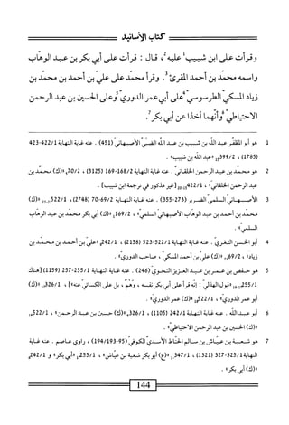 ‫كتاب‬
‫الأنمابا‬
‫وقرأت‬
‫على‬
‫ابن‬
‫شبيب‬
‫عليه‬
،
‫قال‬
‫؛‬
‫قرأت‬
‫على‬
‫أبي‬
‫بكر‬
‫بن‬
‫عبد‬
‫الوهاب‬
‫واسمه‬
‫محمد‬
‫بن‬
‫أحمل‬
‫المقرئ‬
٠
‫وقرأ‬
‫محمد‬
‫على‬
‫على‬
‫بن‬
‫أحمد‬
‫بن‬
‫محمد‬
‫بن‬
‫اد‬‫ي‬‫ز‬
‫المم‬
‫الهلرمحومي‬
‫*على‬
‫أبي‬
‫عمر‬
‫الدوري‬
‫وعلى‬
‫الحين‬
‫بن‬
‫عبد‬
‫الرحمن‬
‫الاحتياطي‬
‫وأيهما‬
‫أحذا‬
‫عن‬
‫أبي‬
‫بكر‬
•
1
‫م‬
‫أبوالظن‬
‫عبد‬
‫الذ‬
‫بن‬
‫شجب‬
‫بن‬
‫ب‬
‫الن‬
‫الصي'الأصانى‬
(
451
)
.
‫عته‬
٣
‫النهاة‬
422/1
-
423
(
1785
،)
399/2
>‫وإ«عدااذينبا‬
.
2
‫ه‬
‫ومحمد‬
‫بن‬
‫عبد‬
‫الرحمن‬
‫الخلقاني‬
.
‫عنه‬
‫غاية‬
‫المهاية‬
168/2
-
169
‫ر‬
125
)‫ق‬
،
70/2
)‫ورر(ك‬
‫محمد‬
‫بن‬
‫"مد‬
‫الرحمن‬
ُ‫آ‬‫ُى‬‫ا‬‫الخلق‬
،
02-‫ل‬5‫لمتثمب‬
‫تغير‬
JJ^•^
‫ءى‬
)‫امح‬
‫ضب‬
‫آ‬
•
3
‫ىن‬
-72‫ّاسىسر(ق‬
355
)
.
‫محه‬
‫غاية‬
‫المه‬
‫اية‬
69/2
07-
(
2748
،)
522/1
22-2‫أ‬
)‫لر(ك‬
‫محمد‬
‫بن‬
‫أحمد‬
‫بن‬
‫عبد‬
‫الوهاب‬
‫الأصبهاني‬
‫ال‬
‫لمي؛أ‬
،
169/2
‫إ‬
)‫رر(ك‬
‫أبي‬
‫بكر‬
‫محمد‬
‫بن‬
‫عبد‬
‫الوهاب‬
‫ال‬
،‫لمي؛‬
.
4
‫أ‬
‫بو‬
‫الحز‬
.‫الثغري‬
‫عنه‬
‫غاية‬
‫النهاية‬
522/1
-
523
(
2158
)
،
242/1
‫وررءالي؛نأحمد؛ن‬
‫سمدبن‬
،‫ا‬‫د‬‫ا‬‫ي‬‫ن‬
،
69/2
)‫لي«(ك‬
‫بن‬
‫أحمد‬
،‫المكي‬
‫صاحب‬
،،‫الدوري‬
.
5
‫ه‬
‫و‬
‫حفص‬
‫ين‬
‫عمر‬
‫ين‬
‫عبد‬
‫العزيز‬
‫المحوى‬
(
246
)
.
‫عنه‬
‫غاية‬
‫النهاية‬
255/1
-
257
(
1159
)
‫[هناك‬
55/1
‫ول«قولالهدلي‬.‫م‬
:
‫إنه‬
‫يرأعرأبي‬
،‫بكرشه‬
،ٌ‫م‬‫َن‬‫و‬
]،‫؛لعالىالكسانيءنها‬
،
26/1
)‫ملر(ك‬
‫أبو‬
‫عمر‬
،،‫الدوري‬
،
522/1
‫وإار(ك)عمرالدورياا‬
.
6
‫أ‬
‫بوعمد‬
‫الله‬
.
‫عنه‬
‫يةالهاية‬u
242/1
(
1105
)
،
326/1
)‫و«(ك‬
‫حسن‬
‫بن‬
‫عبد‬
،،‫الرحمن‬
،
522/1
‫ول‬
)‫رر(ك‬
‫الخسين‬
‫بن‬
‫عد‬
‫الرحمن‬
‫ا‬،ّ‫ي‬‫الأحياط‬
.
7
‫ه‬
‫و‬
‫شعثة‬
‫بن‬
‫عيامر‬
‫بن‬
‫م‬
‫الم‬
‫الحناط‬
‫الأمدي‬
‫الكوفي‬
-59(
194/193
)
،
‫راوي‬
‫عاصم‬
.
‫عنه‬
‫غاية‬
‫الهاية‬
325/1
-
327
(
1321
)
،
347/1
‫ل‬.
‫«(ع)أ؛وبكرثعبة؛نناشاا‬
،
55/1
،‫مررأبي؛كرا‬
‫و‬
242/1
‫ء‬
)‫«(ك‬
‫أبي‬
،،‫كر‬
.
144
 