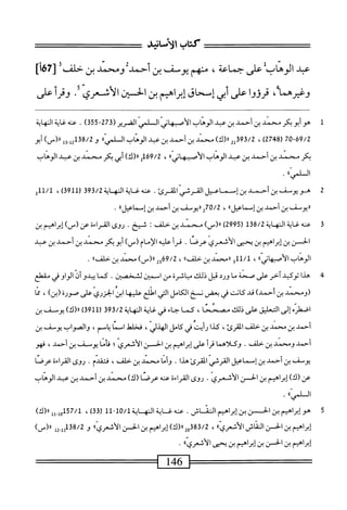 ‫كتاب‬
‫الآمان؛بم‬
‫عبد‬
‫الوهاب‬
‫على‬
،‫جماعة‬
‫منهم‬
‫يوسف‬
‫بن‬
‫أحمد‬
‫ومحمد‬
‫بن‬
‫خلف‬
‫أا‬6‫وج‬
‫وعيرهما‬
،
‫قرووا‬
‫على‬
‫أبي‬
‫إسحاق‬
‫إبراهيم‬
‫بن‬
‫الحسين‬
‫الأشعري‬
•
‫وقرأ‬
‫على‬
1
‫ه‬
‫وأبوبكر‬
‫محمد‬
‫بن‬
‫أحمد‬
‫بن‬
‫عبد‬
‫الوهاب‬
‫الأصبهاني‬
‫اللمي‬
‫الضرير‬
(
273
-
355
)
•
‫عنه‬
‫غاية‬
‫النهاية‬
70-69/2
(
2748
)
،
393/2
2‫ل‬
)‫رر(ك‬
‫محمد‬
‫بن‬
‫أحمد‬
‫ين‬
‫عبد‬
‫الوهاب‬
‫ال‬
،‫السا‬
‫و‬
38/2
‫إ‬2‫ل‬
‫وي‬
)‫رر(س‬
‫أبو‬
‫بكر‬
‫محمد‬
‫بن‬
‫أحمد‬
‫بن‬
‫عبد‬
‫الوهاب‬
‫الأصبهانىاا‬
،
169/2
‫إ‬
)‫رر(ك‬
‫أبى‬
‫بكر‬
‫محمد‬
‫بن‬
‫عبد‬
‫الوهاب‬
‫ال‬
»‫المي‬
.
2
‫ه‬
‫ويوسف‬
‫بن‬
‫أحمد‬
‫بن‬
‫إسماعيل‬
‫القرشي‬
.‫اكرئ‬
‫عنه‬
‫غاية‬
‫النه‬
‫اية‬
393/2
(
3911
)
،
‫للو‬/1
‫رريومحش‬
‫بن‬
‫أحمد‬
‫بن‬
®‫إمماعيل‬
،
270/2
‫رريومف‬
‫بن‬
‫أحمد‬
‫ين‬
®‫إمحماعيل‬
•
3
‫ع‬
‫نه‬
‫غاية‬
‫النهاية‬
138/2
(
2995
)
)‫رر(س‬
‫محمد‬
‫بن‬
‫حالف‬
I
‫شيخ‬
•
‫روى‬
‫القراءة‬
‫عن‬
)_(
‫إبراهم‬
‫بن‬
‫الحسن‬
‫بن‬
‫إبراهيم‬
‫بن‬
‫يحيى‬
‫الأشعري‬
‫عرصا‬
•
‫قرأ‬
‫عليه‬
‫الإمام‬
)_(
‫أبوبكر‬
‫محمد‬
‫بن‬
‫أحمد‬
‫بن‬
‫عبد‬
‫الوهاب‬
®‫الأصبهاني‬
،
11/1
‫و‬
‫رامحمد‬
‫بن‬
®‫حلف‬
،
32‫ةم؟ء‬
)‫رارس‬
‫محمد‬
‫بن‬
،‫حلفا‬
.
4
‫ه‬
‫دا‬
‫توكيد‬
‫آخر‬
‫على‬
‫صحة‬
‫ما‬
‫ورد‬
‫قبل‬
‫ذلك‬
‫مباشرة‬
‫من‬
‫اسمين‬
‫لشخصين‬
.
‫كما‬
‫يبدوأن‬
‫الواو‬
‫في‬
‫مقطع‬
‫(ومحمد‬
‫بن‬
)‫أحمد‬
‫قد‬
‫كانت‬
‫في‬
‫بعض‬
‫سخ‬
‫الكامل‬
‫التي‬
‫امحنمر‬
‫عليها‬
‫ابن‬
‫الحزري‬
‫على‬
‫صورة‬
)‫(بن‬
،
‫ا‬‫م‬‫م‬
ْ<‫اص‬
‫إلى‬
‫انمليق‬
‫على‬
‫ذلك‬
‫مصننا‬
،
‫كمساحاءفيئيةالهاية‬
393/2
(
3911
)
‫رر(ك)يومف‬
‫بن‬
‫أحمد‬
‫بن‬
‫محمد‬
‫بن‬
‫حلف‬
،‫المقرئ‬
‫كذا‬
‫رأيت‬
‫في‬
‫كامل‬
،‫الهذلي‬
‫فخلهل‬
‫اسما‬
،‫بامم‬
‫والصواب‬
‫يوسف‬
‫بن‬
‫أحمد‬
‫ومحمد‬
‫بن‬
.‫حلف‬
‫وكلاهما‬
‫أ‬‫ر‬‫ق‬
‫على‬
‫إبراهيم‬
‫ين‬
‫الحز‬
‫الأشعري؛‬
‫فأما‬
‫يوصف‬
‫بن‬
‫أحمد‬
،
‫فهو‬
‫يوسف‬
‫بن‬
‫أحمد‬
‫بن‬
‫إسماعيل‬
‫القرشي‬
‫المقرئ‬
‫هذا‬
.
‫وأما‬
‫محمد‬
‫بن‬
،‫حلف‬
.‫فتقدم‬
‫روى‬
‫القراءة‬
‫عرصا‬
‫عن‬
)‫(ك‬
‫إبراهيم‬
‫بن‬
‫الحسن‬
‫الأشعري‬
•
‫روى‬
‫القراءة‬
‫عنه‬
)‫عرصا(ك‬
‫محمد‬
‫بن‬
‫أحمد‬
‫بن‬
‫عبد‬
‫الوهاب‬
‫ال‬
»‫لمي‬
.
5
^
.‫؛راهيمبنالحنبنإ؛رامماكاش‬
‫عنه‬
‫غ‬
‫اية‬
‫النه‬
‫اية‬
10/1
-
11
(
33
)
،
57/1
)‫شللار(ك‬
‫القاش‬
»'‫الأشري‬
،
3/2
‫ِىك‬‫أ‬‫ص«(ك)إيرانميناضال‬
‫و‬
38/2
‫يل‬.„‫أ‬
)_(«
٥٢٣^!
‫ين‬
‫الحن‬
‫ين‬
‫إيرامم‬
‫ين‬
‫يص‬
‫؛‬،‫الأشعري‬
•
=^‫=^=^س‬
146
 