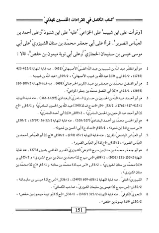 ‫كتاب‬
‫الكاملفى‬
‫بمراءات‬
4.
‫على‬
‫ابن‬
‫س‬
‫على‬
‫الخزاعي‬
‫عله‬
‫على‬
‫ابن‬
‫ثنوذ‬
‫وعلى‬
‫أحمل‬
‫بن‬
‫العباس‬
.‫الضرير‬
‫أ؛‬‫ر‬‫ق‬
‫على‬
‫أبي‬
‫جعفر‬
‫محمد‬
‫بن‬
‫سان‬
‫الشيزري‬
‫ًءلى‬
‫أبي‬
‫موسى‬
‫عيي‬
‫بن‬
‫سليمان‬
‫الحجازي‬
‫وعلى‬
‫أبي‬
‫توبة‬
‫ميمون‬
‫بن‬
،‫حفص‬
‫ا‬‫ل‬‫ا‬‫ق‬
:
1
‫م‬
‫النلفر‬‫و‬‫أي‬
‫ب‬
‫الله‬
‫بن‬
‫ف‬
‫بن‬
‫ب‬
‫اذ‬
'‫ض‬
('‫الأصهاني‬
451
)
.
‫سظةالهاة‬
422/1
-
423
‫ر‬
785
)‫ل‬
،
0/2
‫ول_لل‬1‫ل‬
)‫رر(ك‬
‫عبد‬
‫الله‬
‫بن‬
‫ث‬
‫بيب‬
»‫الأصبهابي‬
،
99/2
‫ل‬5‫ق‬
‫ررعبد‬
‫الله‬
‫بن‬
»‫شيب‬
.
2
‫ه‬
‫وأبوالمضل‬
‫يحمد‬
‫بن‬
‫جعفر‬
‫بن‬
‫عبد‬
‫الكريم‬
‫الخرجاني‬
)‫بم‬80(
.
‫عنه‬
‫غاية‬
‫النهاية‬
9/2
11‫"ه‬1‫ه‬
‫^لسالينضرالخزي‬
.
3
‫ه‬
‫وأبو‬
‫أحمد‬
‫عبد‬
‫الله‬
‫بن‬
‫الحبن‬
‫بن‬
‫ح‬
‫نون‬
‫السم‬
‫امري‬
‫البغدادي‬
(
6/295
‫ق‬68~
)
.
‫عنه‬
‫غاية‬
‫النهاية‬
417-415/1
)‫ل‬67‫رل‬
،
‫ِل‬5‫ق‬/2
‫إ‬5‫ج‬-
‫را(تج‬
‫ف‬
)‫ك‬
45[
]
‫عبد‬
‫الله‬
‫بن‬
‫الحسن‬
‫ال‬
»ّ‫ي‬ّ‫ر‬‫ام‬
/‫ول‬
565
‫ه‬.
‫رر(ج‬
)‫ك‬
‫أبو‬
‫أحمد‬
‫عبد‬
‫الرحمن‬
‫بن‬
‫الحسن‬
‫ال‬
»‫امري‬
،
109/2
‫إ‬‫ح‬
)‫را(ك‬
‫أبي‬
‫أحمد‬
‫السامري؛؛‬
•
4
‫ه‬
‫وأبو‬
‫الحسن‬
‫سند‬
‫بن‬
‫أحمد‬
(ّ‫ي‬‫اليغداد‬
328/327
)
.
‫ءنهظيةاوهاية‬
52/2
-
56
(
2707
)
،
2‫ل‬51‫ه‬/2
‫ار(س‬
‫بج‬٠
)‫ك‬
‫ابن‬
،،‫شنبوذ‬
،
415/1
‫ج‬
‫را(ت‬
)‫لأج‬
‫أبي‬
‫الحس‬
‫بن‬
،‫شنبوذء‬
.
5
‫أ‬
‫بوالماس‬
.‫الواصراكرئ‬
‫ءنهئيةالهاية‬
65/1
(
278
)
،
50/2
‫بي‬
‫رر(ج‬
)‫ك‬
‫أبوالباص‬
‫أحمد‬
‫بن‬
‫العباس‬
‫اكرير؛؛‬
،
415/1
‫إ‬‫ق‬
‫را(ج‬
)‫ك‬
‫أبوالعباس‬
،‫الفريرا‬
.
6
‫ه‬
‫وأبوحعفر‬
‫محمد‬
‫بن‬
‫منان‬
‫بن‬
‫سرح‬
‫التتوحي‬
‫الشيزري‬
‫الضرير‬
‫القاصي‬
‫بشيزر‬
(
273
)
•
‫عنه‬
‫غاية‬
‫النهاية‬
150/2
-
151
(
3051
)
،
609/1
‫و‬
‫ار(س‬
‫مبج‬
)‫ك‬
‫محمد‬
‫بن‬
ّ
‫نان‬
‫بن‬
‫سرح‬
،،‫الثيزري‬
‫و‬
25/2
‫ِوإ‬‫إ‬2‫ت‬
)‫اا(ك‬
‫محمد‬
‫بن‬
‫منان‬
®‫الشيزري‬
،
53/2
‫ر‬
‫و‬
‫را(س‬
‫ْب‬
)‫ك‬
‫محمد‬
‫بن‬
®‫منان‬
‫و‬
65/1
‫ي‬
‫را(ج‬
)‫ك‬
‫محمد‬
‫بن‬
‫منان‬
‫الشيررى؛ا‬
.
7
‫ا‬
‫لتمزري‬
‫الحنفي‬
.
‫عنه‬
‫غاية‬
‫المهاية‬
608/1
-
609
(
2490
)
،
536/1
‫لل‬
‫رر(سج‬
)‫ك‬
‫عيس‬
‫ين‬
»‫ساومان‬
،
150/2
‫إ‬‫و‬
‫را(اس‬
‫مب‬
‫ج‬
)‫ك‬
‫عيسى‬
‫بن‬
‫سليمان‬
،‫المزري‬
‫صاحب‬
®‫الكائي‬
•
8
‫ا‬
‫لنحوي‬
‫الكوفي‬
.
‫عنه‬
‫غاية‬
‫المهاية‬
325/2
(
3707
)
،
536/1
‫إ‬‫م‬‫ب‬
‫رر(ج‬
)‫ك‬
‫أبو‬
‫توبة‬
‫ميمون‬
‫بن‬
»‫حمص‬
،
150/2
2‫و‬
)‫ار(ك‬
‫ميمون‬
‫ين‬
®‫حفص‬
.
151
 